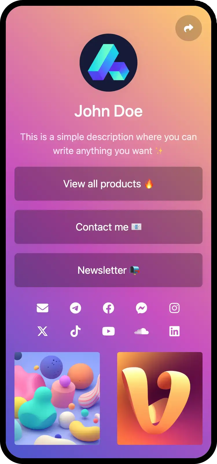 Captura de tela de exemplos de bio pages